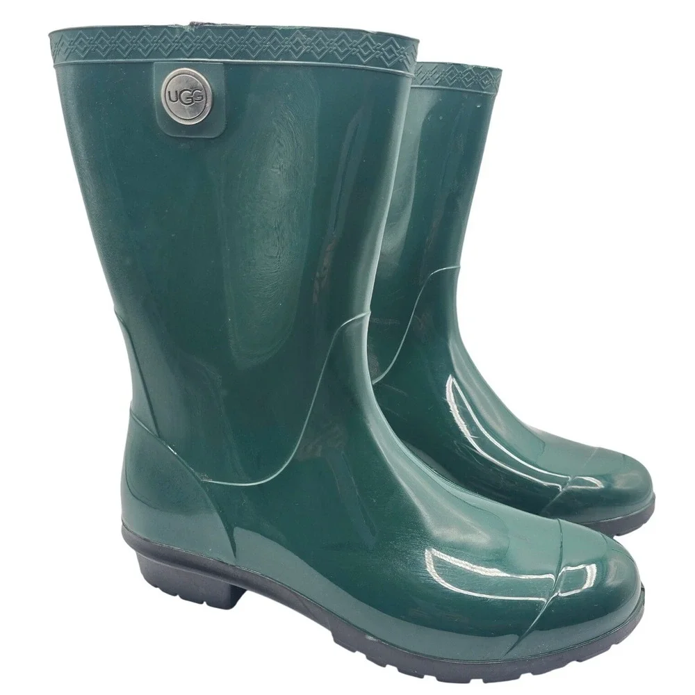 UGG Womens Forest Green Glossy Rubber Rain Boots Mid Calf Size 8